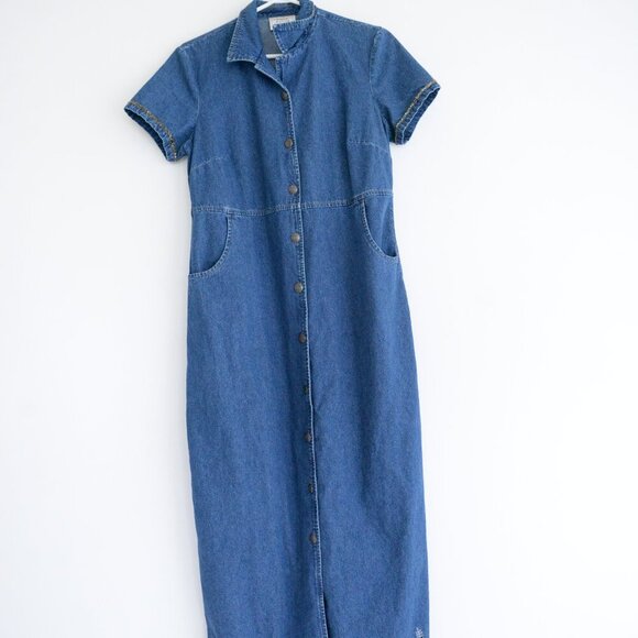 Vintage Field Manor Modern Blue Button 100% Cotton Chambray Denim Maxi Dress M - Picture 1 of 14